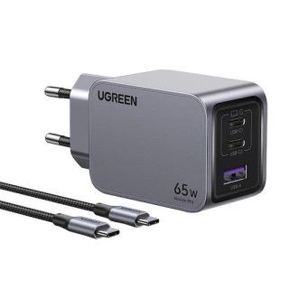 Ugreen Φορτιστής GaN με Θύρα USB-A και 2 Θύρες USB-C και Καλώδιο USB-C - USB-C 65W Γκρι (Nexode Pro) 25871