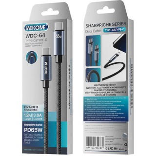 WK WDC-64 USB-C σε USB-C PD 65W 1.2m Καλώδιο Φόρτισης Μαύρο