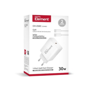 Element Φορτιστής Σπιτιού GaN PD 30W CH-250C 1 Θέσης, με καλώδιο USB-C 65W 1m Λευκό