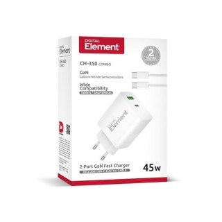 Element Φορτιστής Σπιτιού GaN PD 45W CH-350 2 Θέσεων, με καλώδιο USB-C 65W 1m Λευκό Element Φορτιστής Σπιτιού GaN PD 45W CH-350 2 Θέσεων, με καλώδιο USB-C 65W 1m Λευκό