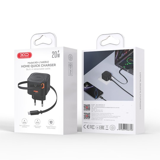 XO (L165) Charger with USB-A Port and Cable USB-C 20W Black