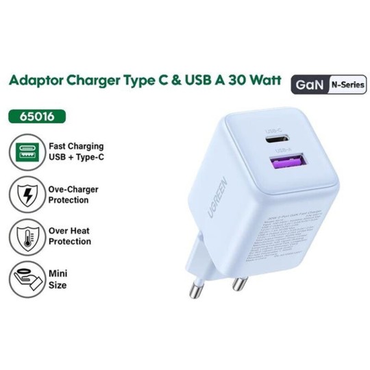 UGREEN X516 65015 Φορτιστής Σπιτιού GaN PD 30W 2 Θέσεων Λευκό