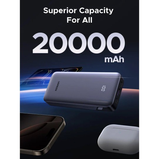UGREEN PB532 55989B Power Bank 20000mAh PD 30W με καλώδιο USB-C 60W Γκρι