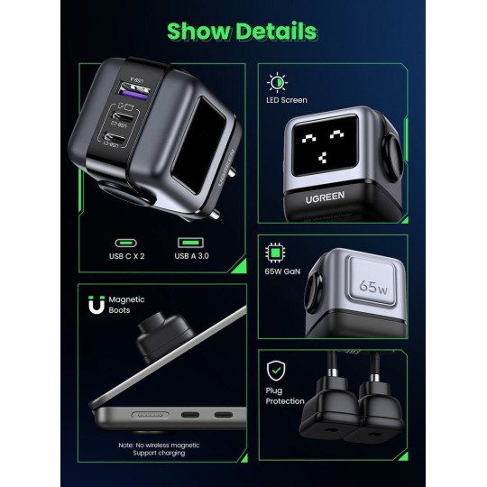 UGREEN CD361 25685B Φορτιστής Σπιτιού GaN 65W 3 θέσεων Γκρί