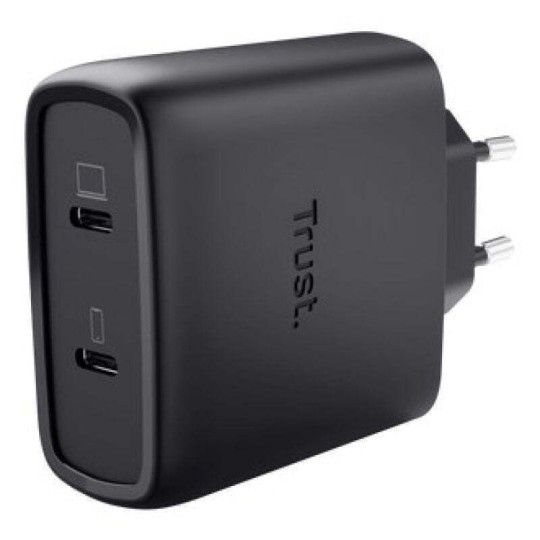 Trust GaN Charger with 2 USB-C Output Ports and USB-C - USB-C Cable 65W Power Delivery Black