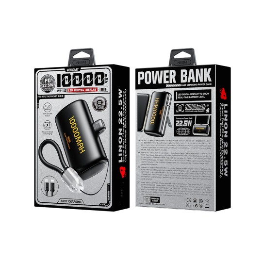 WK WP-113 Power Bank 10000mAh PD 22,5W 2 Θέσεων με καλώδιο USB-C/Lightning Μαύρο