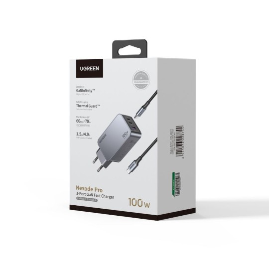 UGREEN X757 25874 Charger GaN 100W 3 Ports with USB-C 100W cable 1.5m Grey