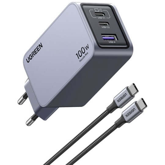 UGREEN X757 25874 Charger GaN 100W 3 Ports with USB-C 100W cable 1.5m Grey