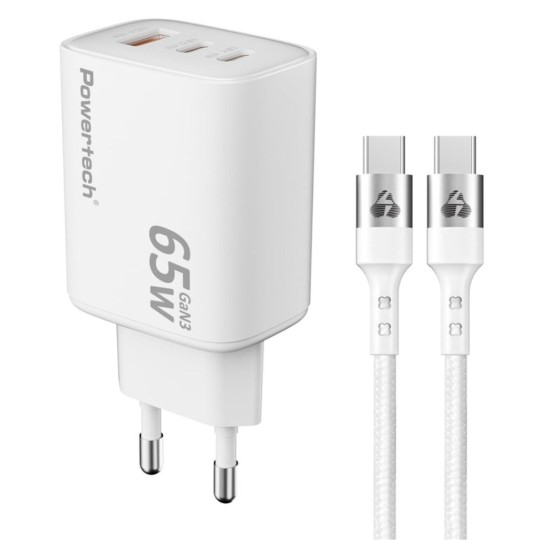 Powertech PT-1415 Φορτιστής GaN 65W USB-A και 2 X USB-C και Καλώδιο Λευκός