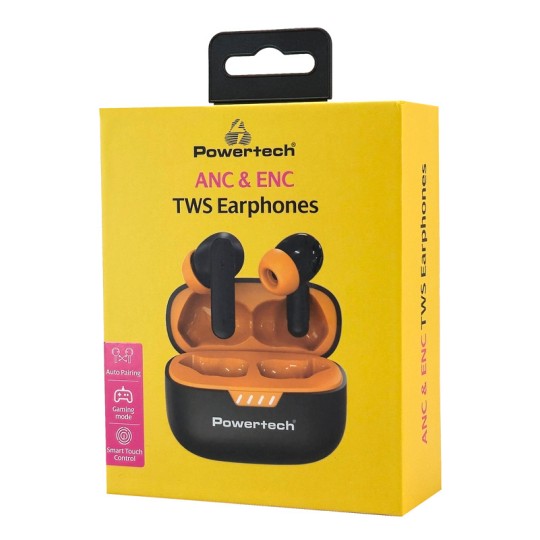 Powertech PT-1431 Earphones με Θήκη φόρτισης True Wireless 40/400mAh ANC & ENC Μαύρα