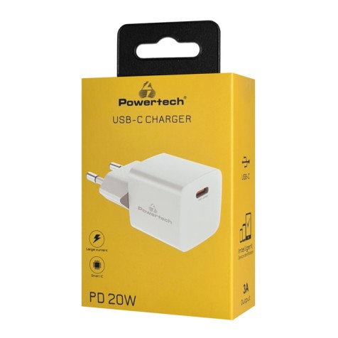 Powertech PT-1223 Σούπερ Μίνι Φορτιστής Τοίχου USB-C 20W Λευκός