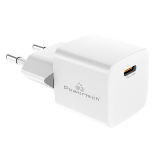 Powertech PT-1223 Σούπερ Μίνι Φορτιστής Τοίχου USB-C 20W Λευκός
