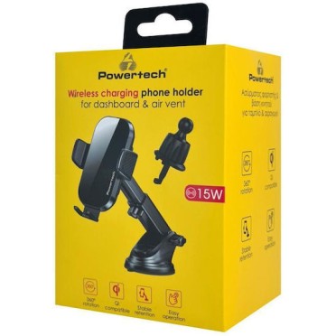 POWERTECH PT-1271 Ασύρματος Φορτιστής & Βάση Αυτοκινήτου , 15W, Μαύρος