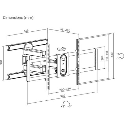 Powertech PT-1280 Βάση Τηλεόρασης Τοίχου με Βραχίονα έως 100" και 60kg Ασημί