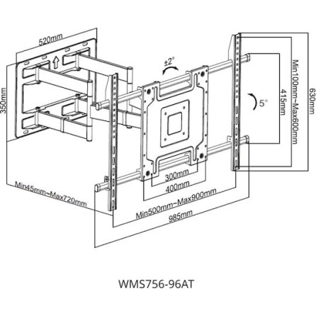 Focus Mount WMS756-96AT Βάση Τηλεόρασης Επιτοίχια  50"-100" έως 100kg