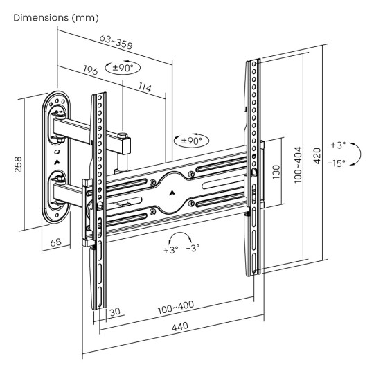 Powertech PT-1388 Επιτοίχια Βάση Τηλεόρασης  32-65" έως 35kg Full Motion