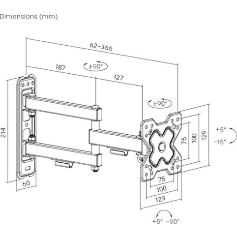 POWERTECH PT-1279 Επιτοίχια Βάση Τηλεόρασης , 13-32", έως 20kg, Full Motion