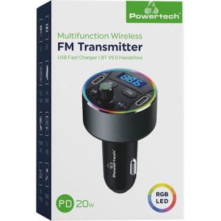 POWERTECH FM Transmitter & φορτιστής 40W PT-1027, οθόνη, RGB, Bluetooth