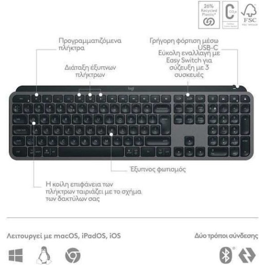 Πληκτρολόγιο Logitech MX Keys S Wireless Graphite (US) 920-011587