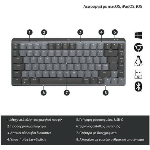 Logitech MX Mechanical Mini Silent Ασύρματο Bluetooth Πληκτρολόγιο Αγγλικό US Γκρι [920-010780]