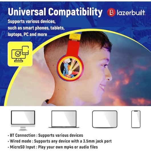 Lazerbuilt Superman Logo Light-Up Ασύρματα Bluetooth Παιδικά On Ear Ακουστικά Πολύχρωμα