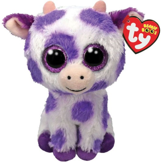 TY Beanie Boos Ethel Χνουδωτή Αγελαδίτσα Λευκή Με Μωβ Στάμπες 15εκ