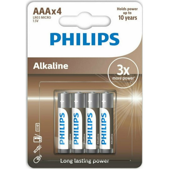 Philips 4 Pack Alkaline Batteries AAA Long Lasting Power 1.5V LR03A4B/GRS