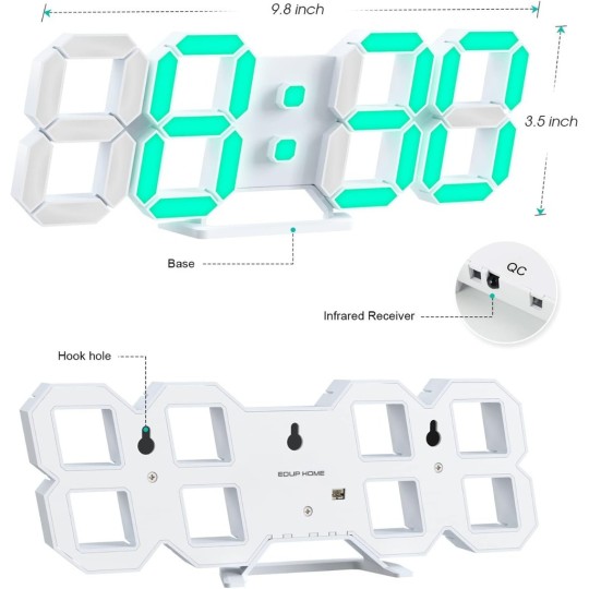 EDUP EH-LED1319 3D LED Wall Clock 9.5? Remote Control Digital Nightlight