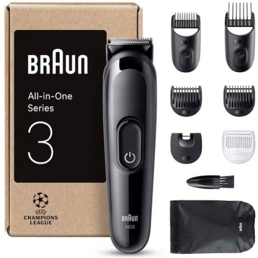 Braun AIO3545 All-in-one Trimmer Σετ Επαναφορτιζόμενης Κουρευτικής Μηχανής Μαύρο 