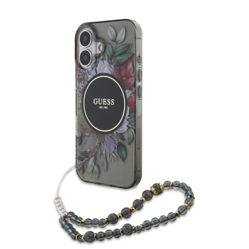 Guess Magsafe “Flowers with Pearl Strap” Hard Case iPhone 16 (Μαύρο – GUHMP16SHFWBRCESK)