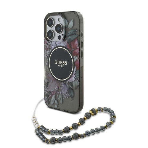 Guess Magsafe “Flowers with Pearl Strap” Hard Case iPhone 16 Pro Max  (Μαύρο – GUHMP16XHFWBRCESK)