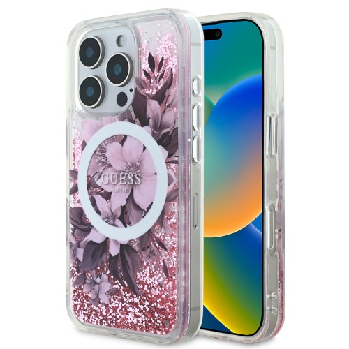 Guess “Liquid Glitter Flower" Θήκη προστασίας από σκληρό πλαστικό – iPhone 16 Pro (Ροζ – GUHMP16LLFMWTP)