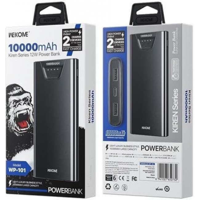 WK WP-101 Power Bank 10000mAh 12W με 2 Θύρες USB-A Μαύρο